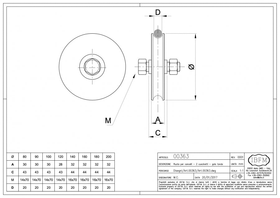 Ruota per Cancelli - 2 Cuscinetti a Sfera - Gola Tonda Ø 20 - disegno tecnico
