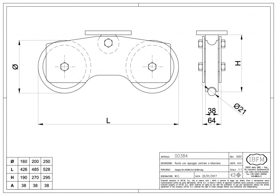 Ruota con Appoggio Centrale a Bilancere Ø 160 mm. - disegno tecnico