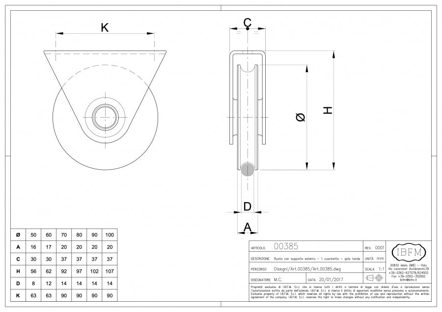 Ruota con Supporto Esterno - 1 Cuscinetto - Gola Tonda - disegno tecnico