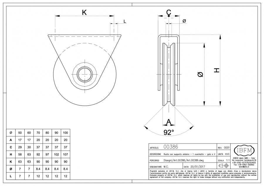 Ruota con Supporto Esterno - 1 Cuscinetto - Gola V - disegno tecnico