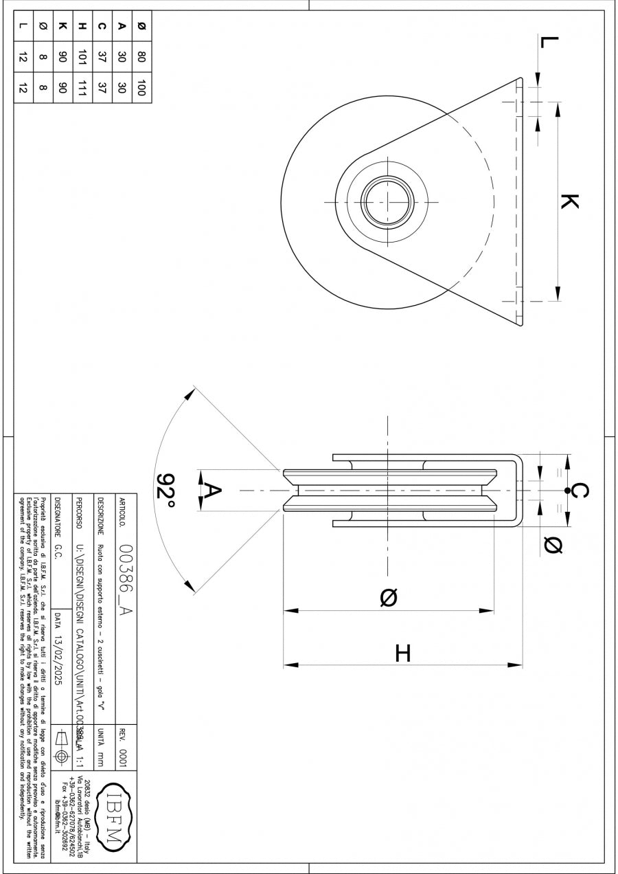 Ruota con Supporto Esterno - 2 Cuscinetti a Sfera - Gola V - disegno tecnico