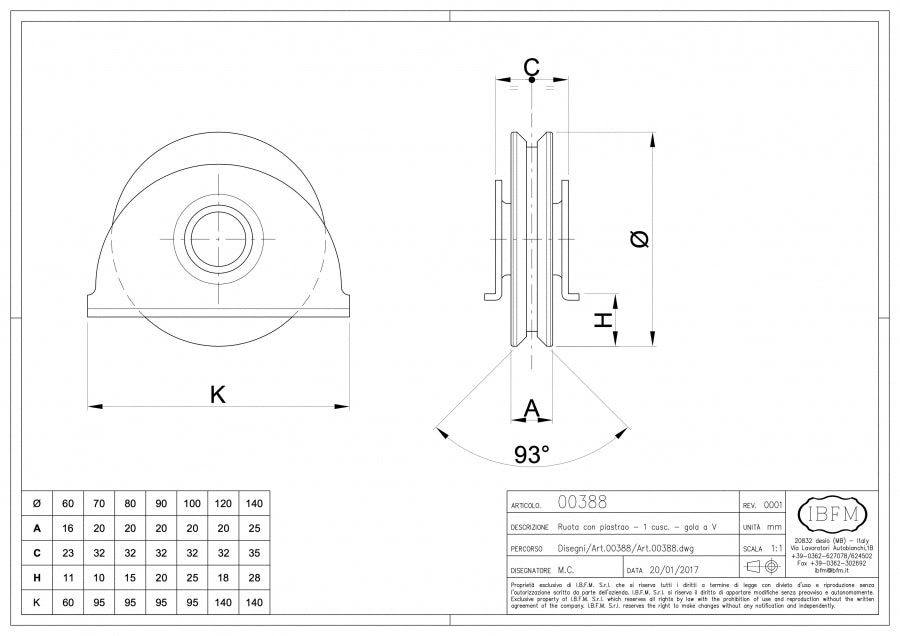 Ruota con Piastra - 1 Cuscinetto - Gola V - disegno tecnico