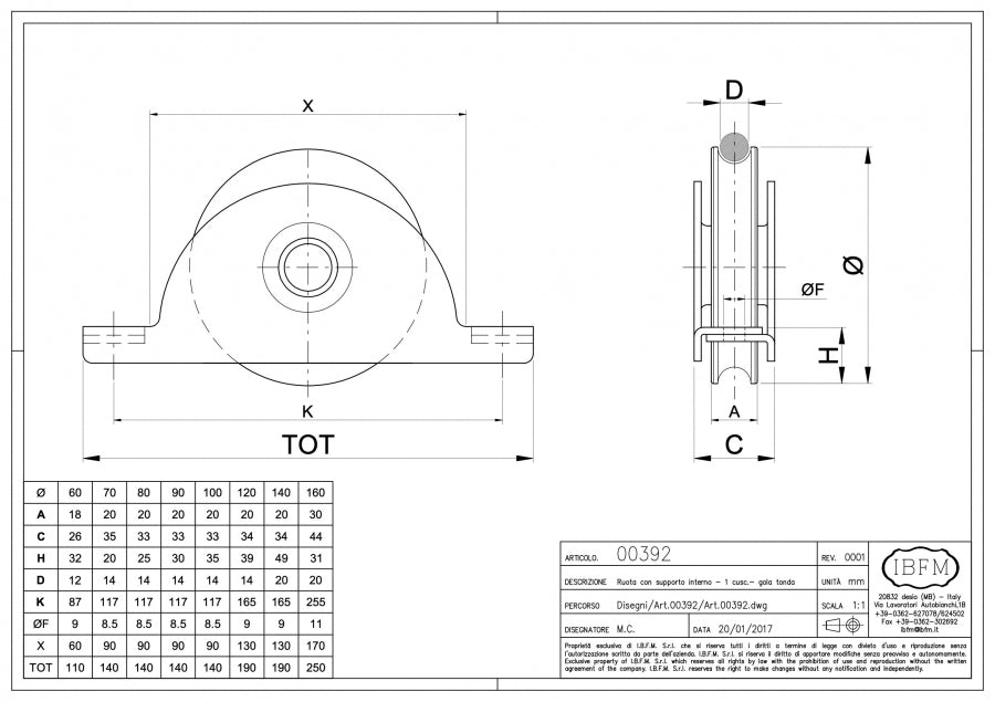 Ruota con Supporto Interno - 1 Cuscinetto - Gola Tonda - disegno tecnico