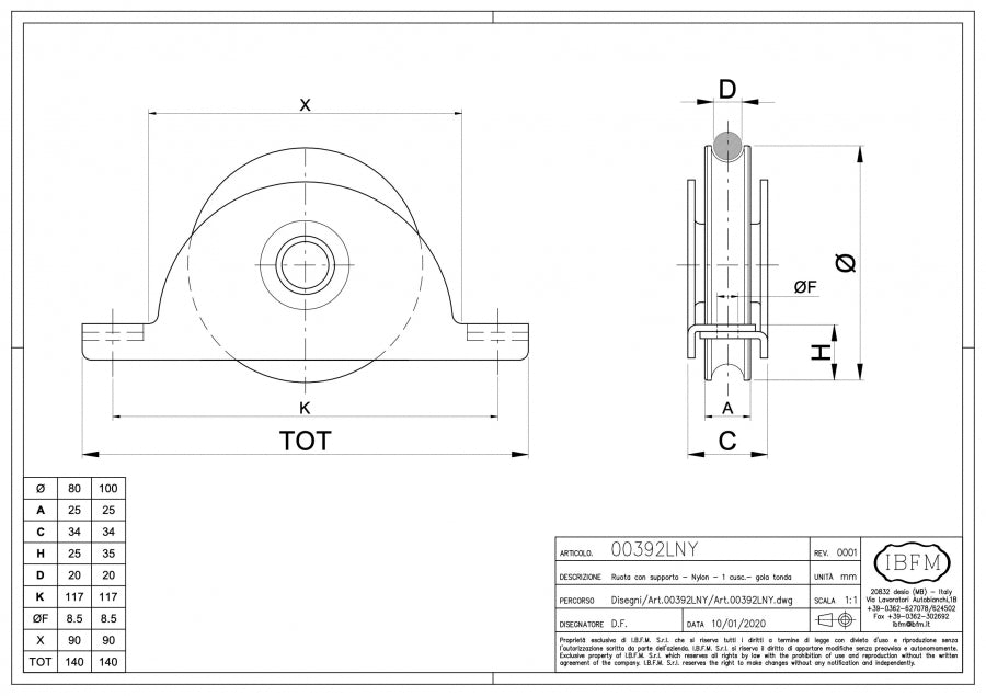 Ruota in Nylon con Supporto Interno - 1 Cuscinetto - Gola Tonda - disegno tecnico