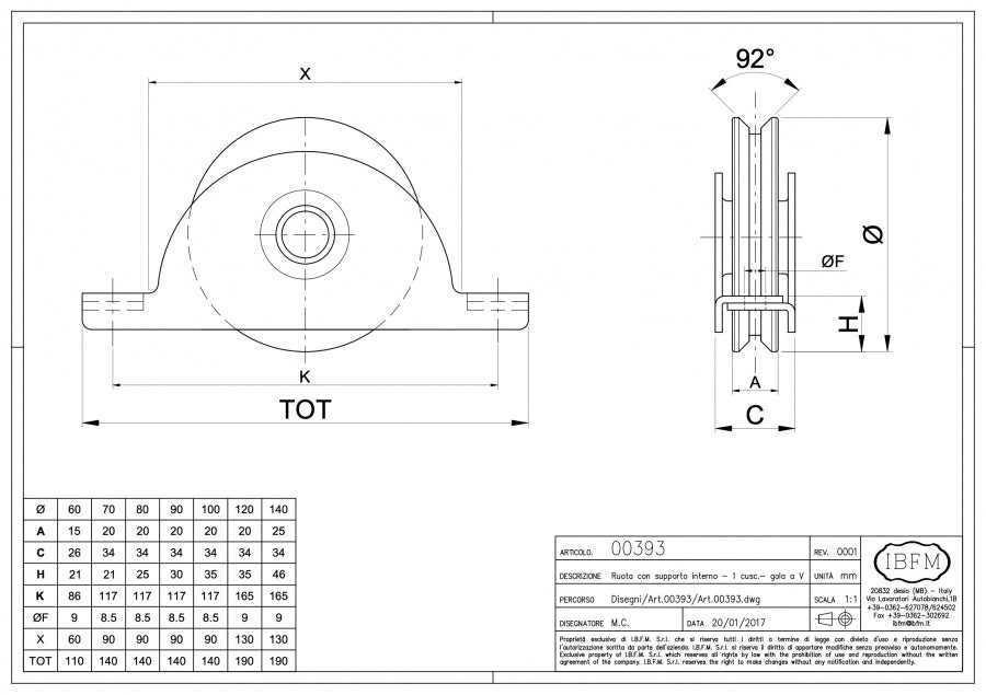 Ruota con Supporto Interno - 1 Cuscinetto - Gola V - disegno tecnico