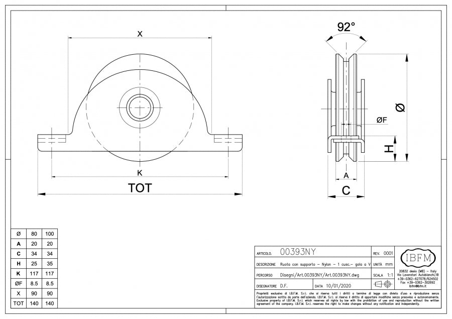 Ruota in Nylon con Supporto Interno - 1 Cuscinetto - Gola V - disegno tecnico
