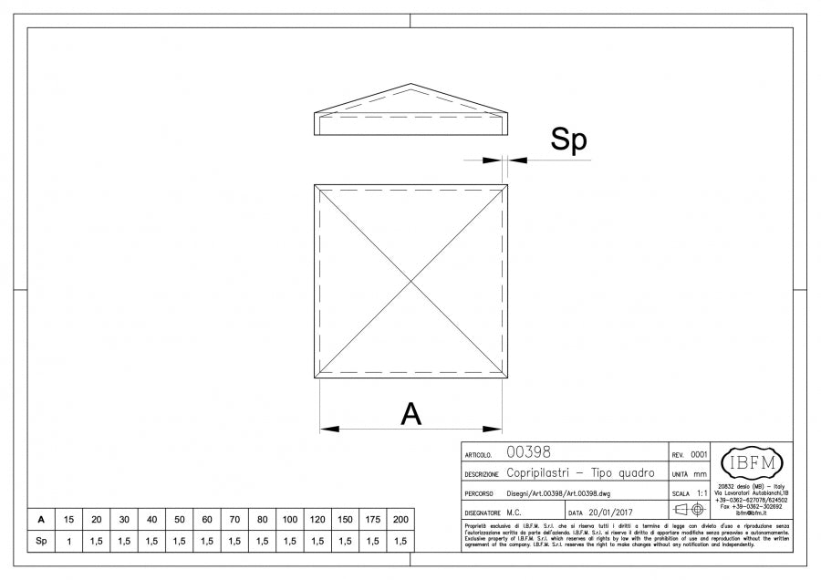 Copripilastro - Tipo Quadro - disegno tecnico