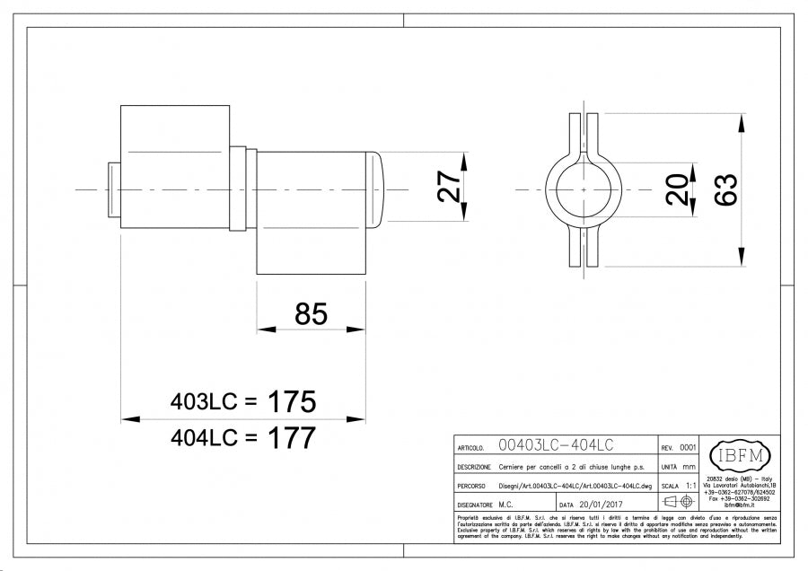 Cerniera per Cancello a 2 Ali Chiuse Lunghe - disegno tecnico