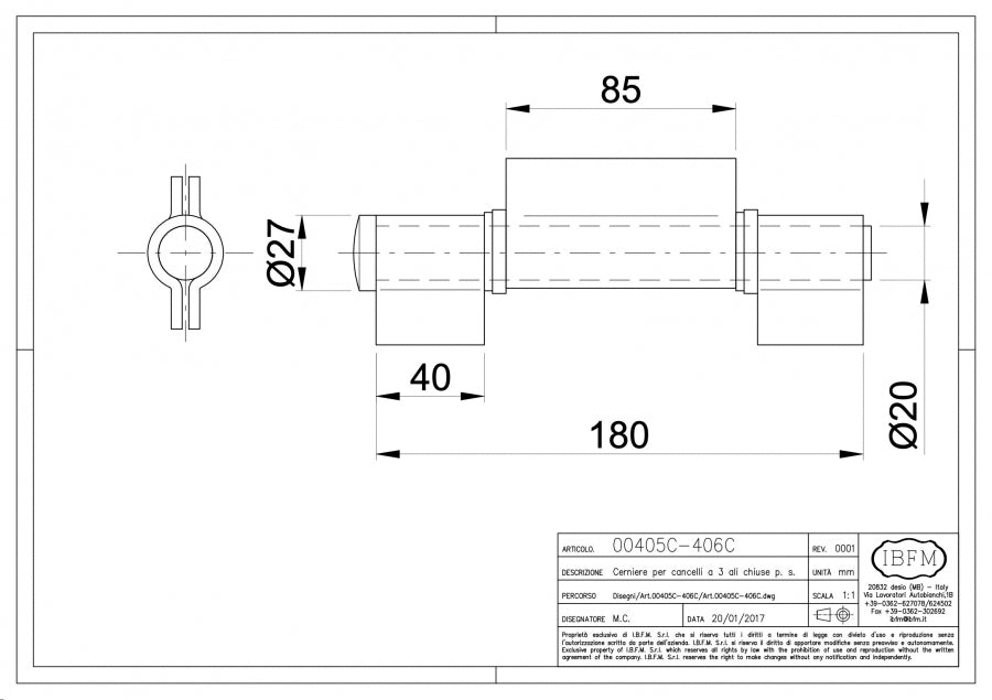 Cerniera per Cancelli a 3 Ali Chiuse - disegno tecnico