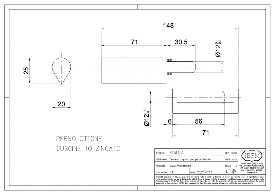 Cerniera a Goccia per Porte Blindate - disegno tecnico
