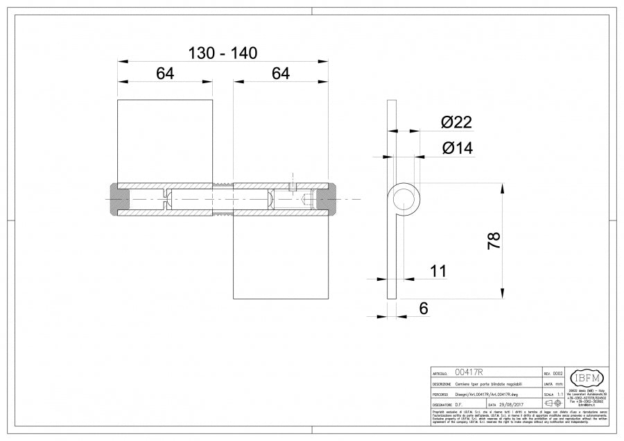 Cerniera per Porte Blindate Regolabile - disegno tecnico
