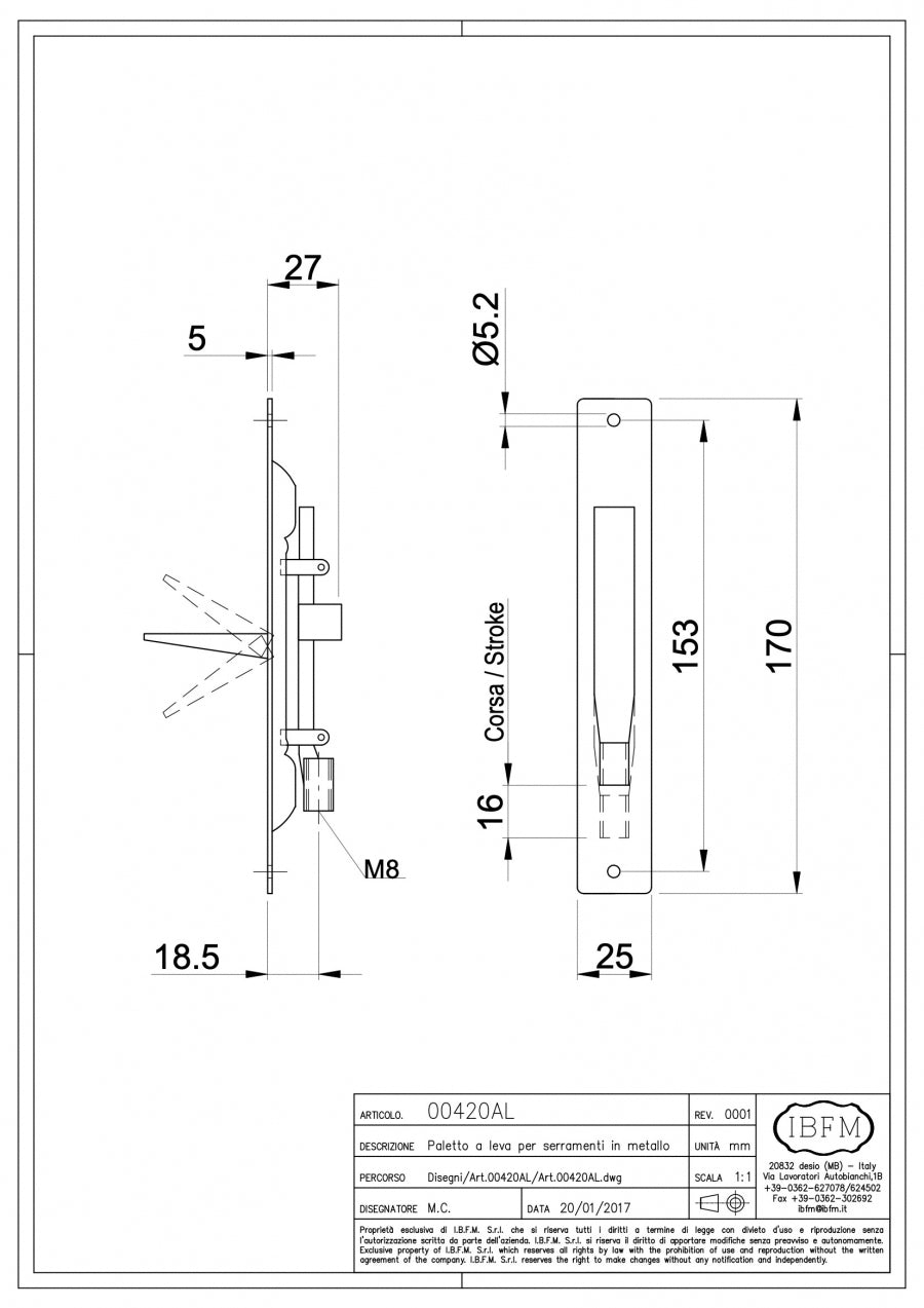 Paletto a Leva per Serramenti - disegno tecnico