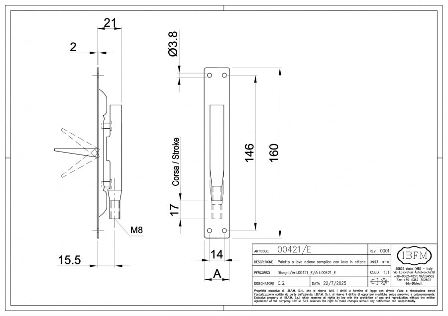 Paletto a Leva Azione Semplice - disegno tecnico