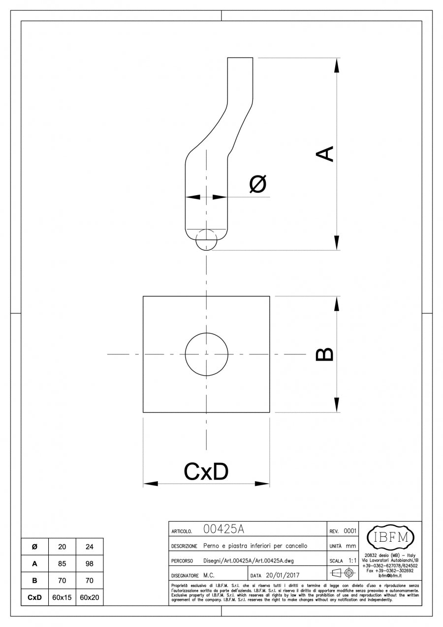 Perno e Piastra Inferiori per Cancello - disegno tecnico