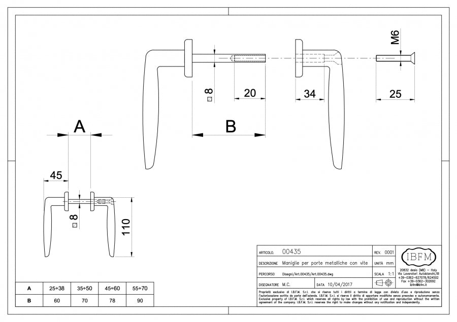 Maniglia per porta metallica - disegno tecnico