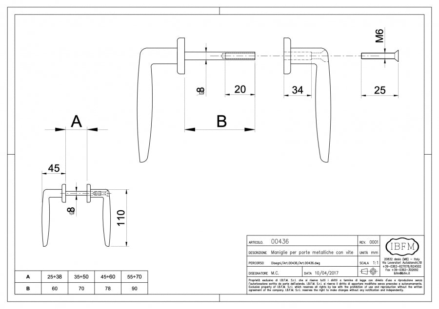 Maniglia per porta metallica - Cromata - disegno tecnico