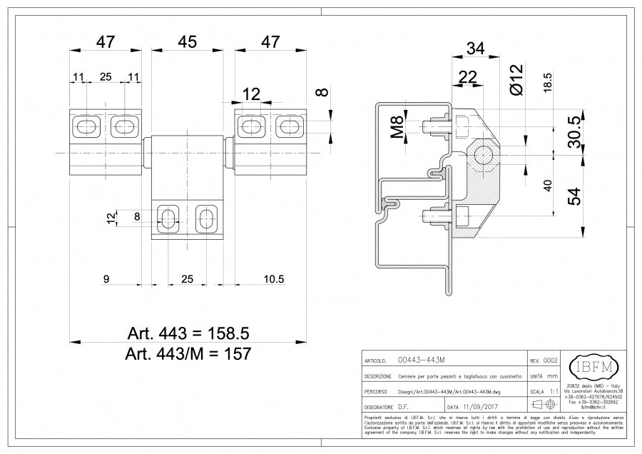 Cerniera Regolabile per Porte Pesanti - 3 Ali - disegno tecnico