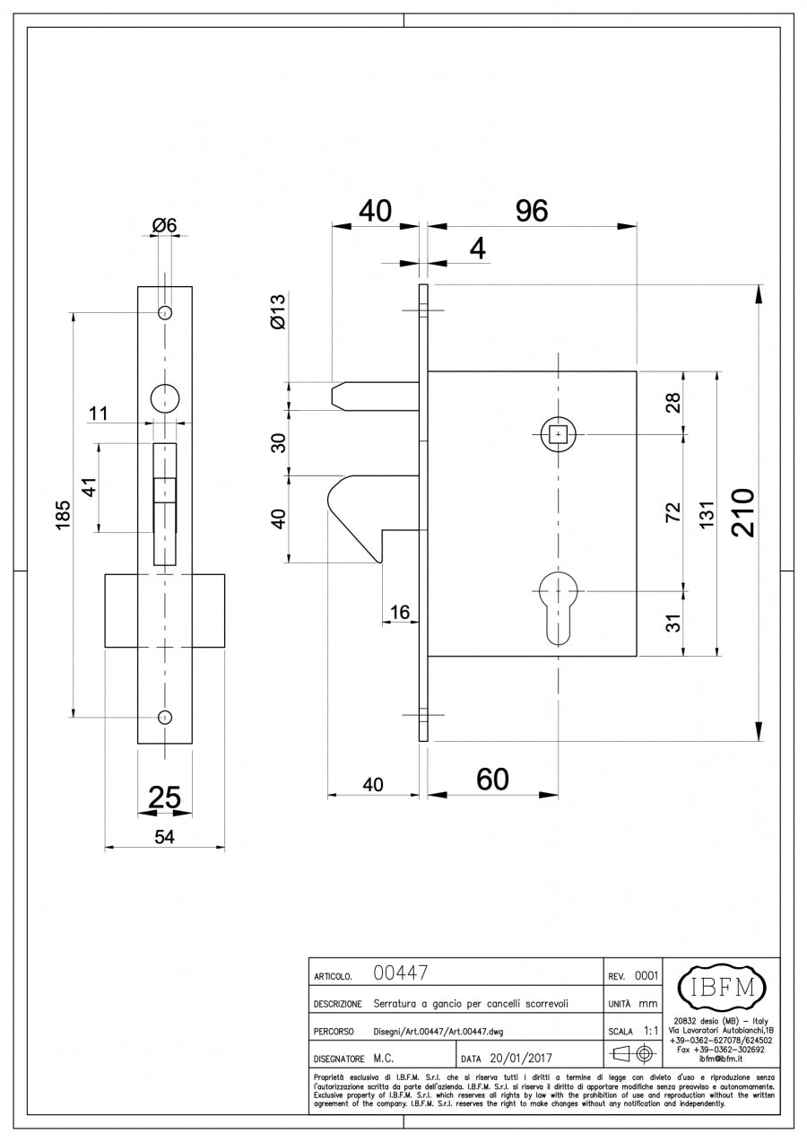Serratura a Gancio per Cancelli Scorrevoli Completa di Cilindro in Ottone Lucido 27+27mm - disegno tecnico