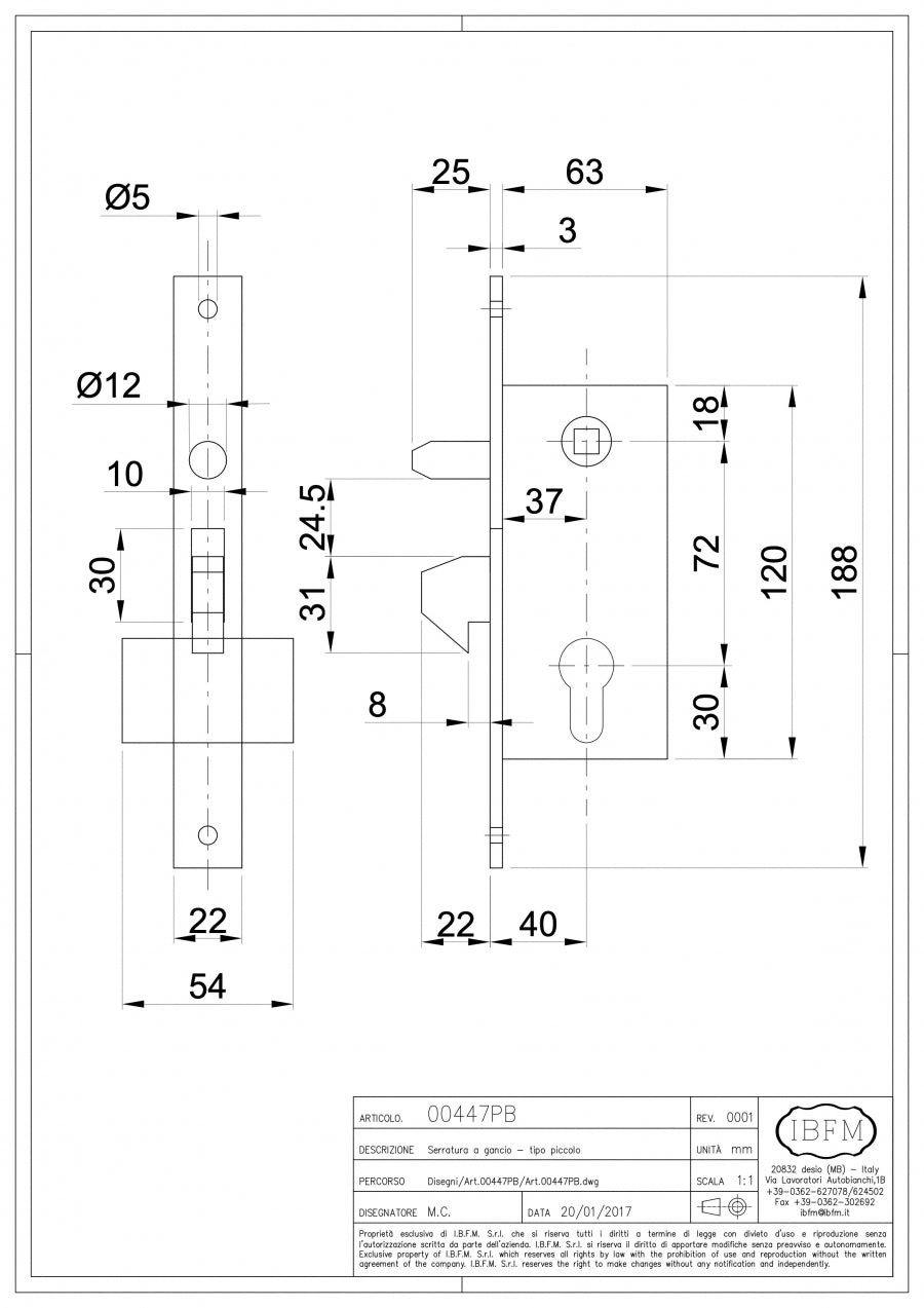 Serratura a Gancio con Perno Completa di Cilindro in Ottone Lucido 27+27mm- Tipo Piccolo - disegno tecnico