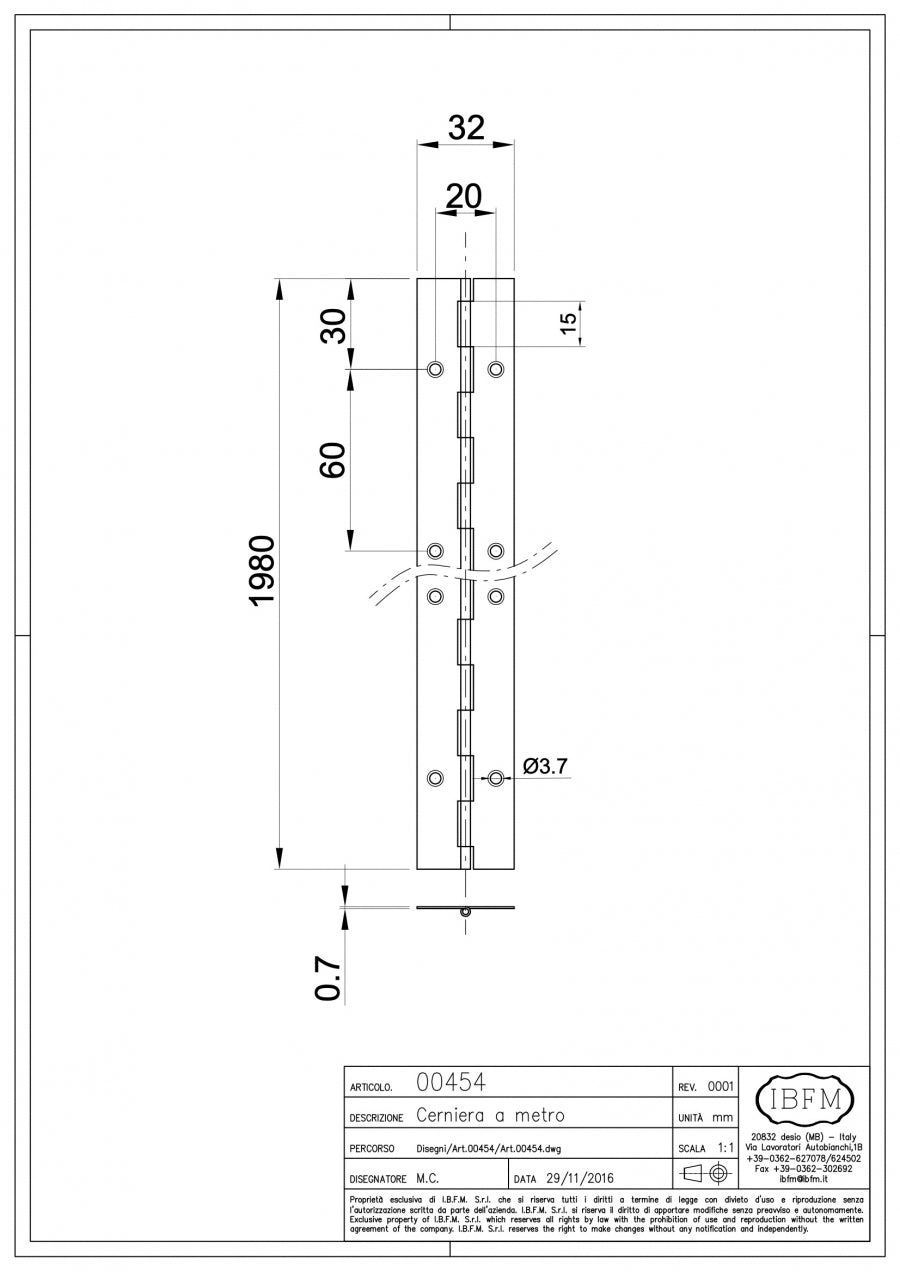 Cerniera a Metro - disegno tecnico