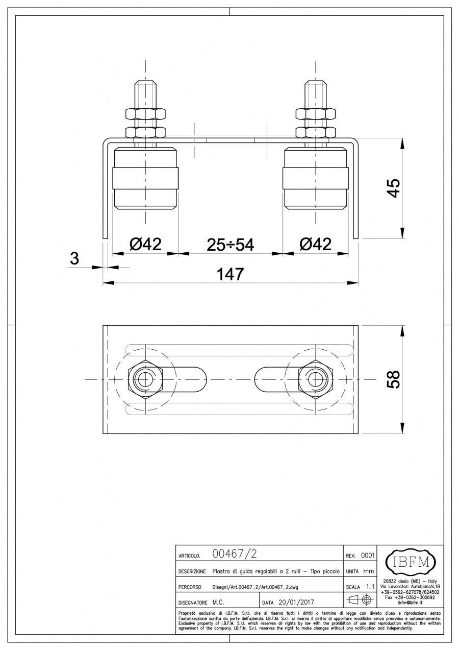 Piastre di Guida Regolabili a 2 Rulli - disegno tecnico