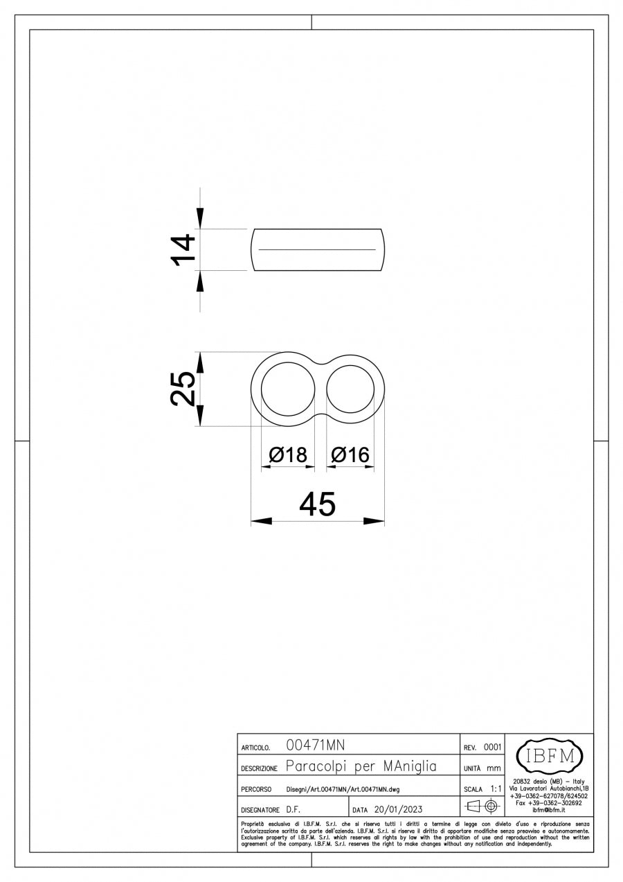 Paracolpi doppio anello in plastica per maniglia - disegno tecnico