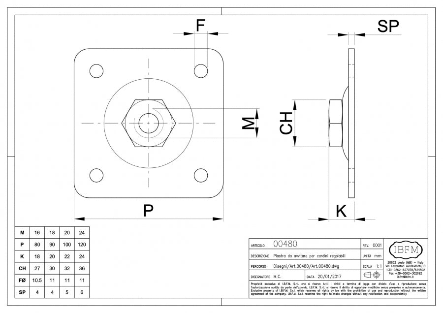 Piastra da Avvitare per Cardine Regolabile - disegno tecnico