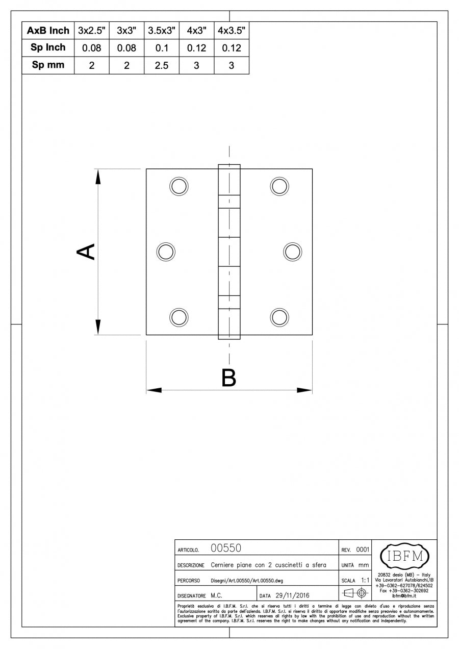 Cerniere Piane - disegno tecnico