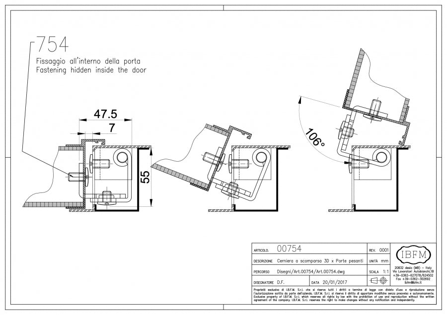 Cerniera 3D a scomparsa (montaggio interno porta) - disegno tecnico