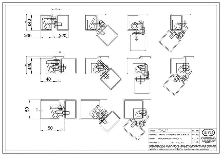 Cerniera 3D a Scomparsa per Cancelli, Profili Tubolari (installazione con Contropiastra o Inserti Rivettati) - disegno tecnico