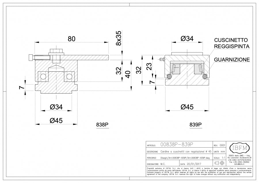 Cardine a Cuscinetti Regolabile - disegno tecnico