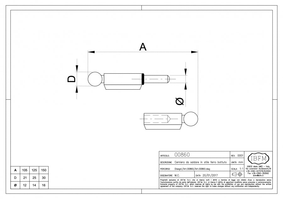 Cerniera da Saldare - disegno tecnico