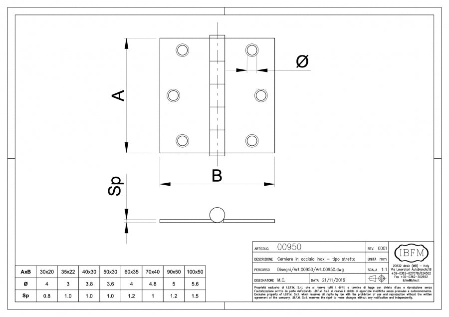 Cerniera da Avvitare - disegno tecnico