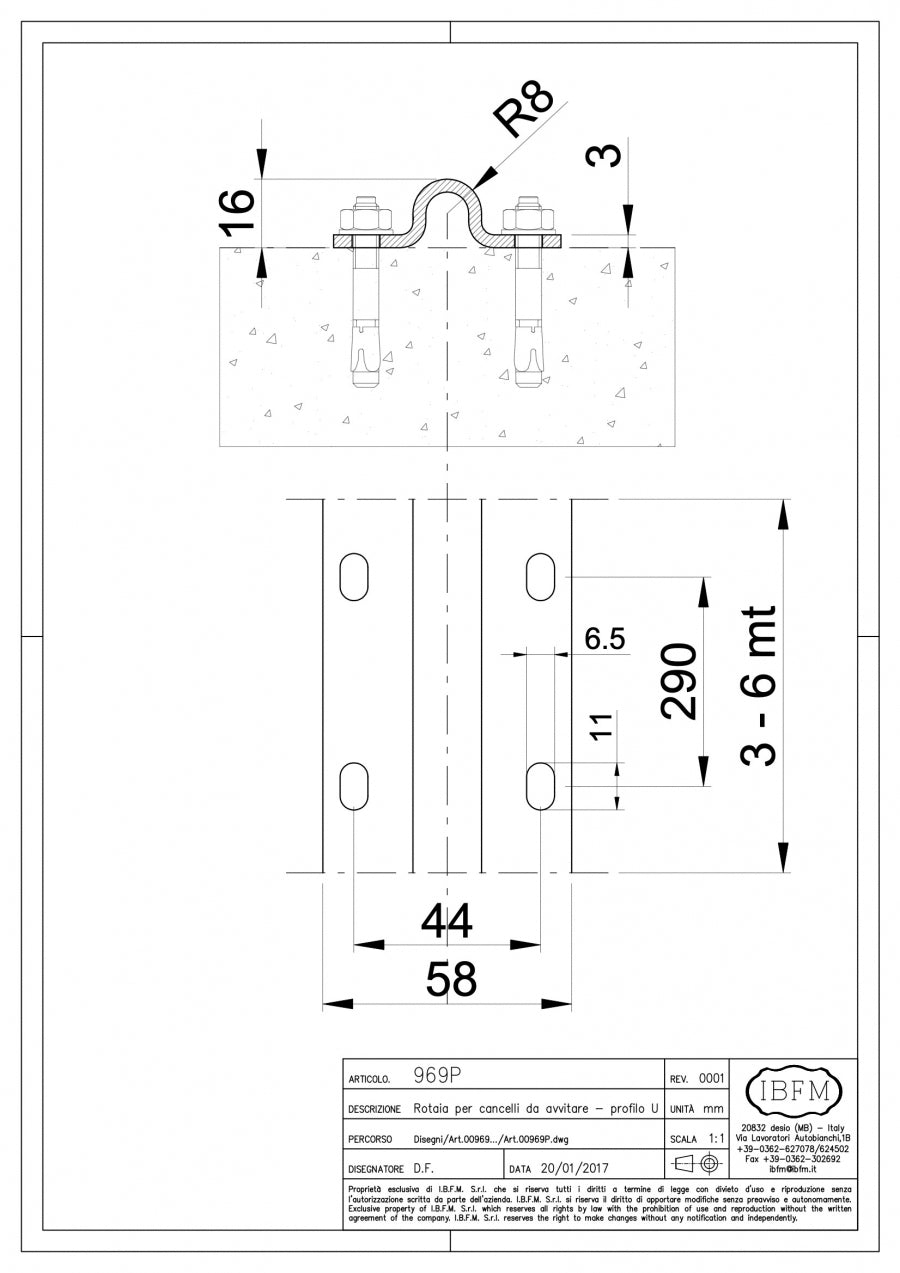 Rotaia per Cancelli da Avvitare con tondo 16 mm - disegno tecnico