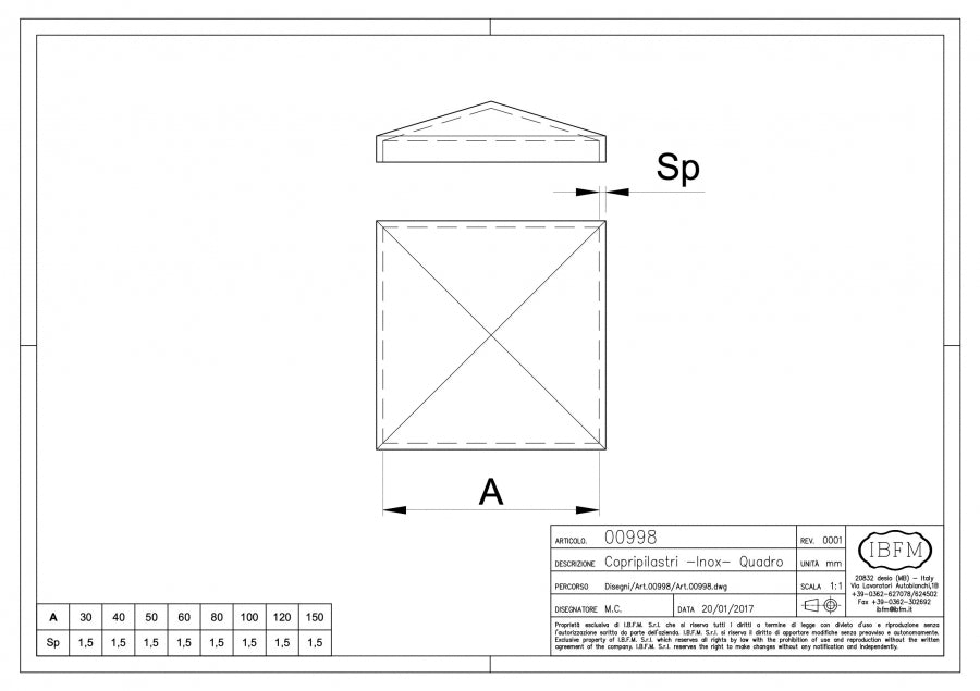 Copripilastro Quadro - disegno tecnico