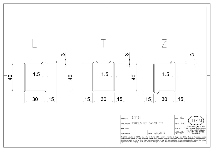 Profilo per Porte e Cancelli Pedonali - disegno tecnico