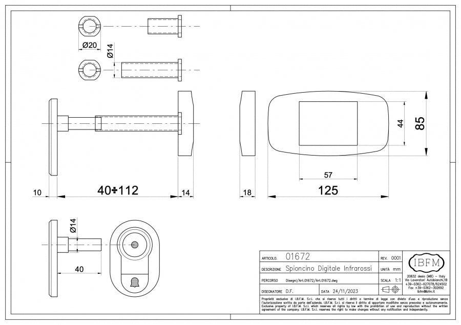 Spioncino Digitale di Sicurezza con Raggi Infrarossi - disegno tecnico