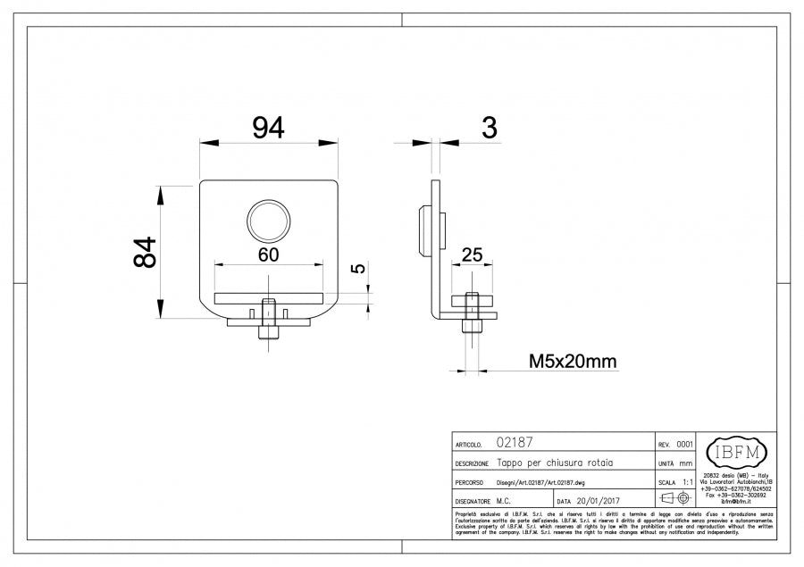 Tappo per Chiusura Rotaia - disegno tecnico