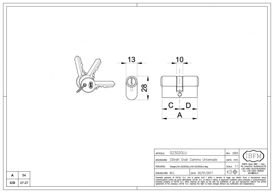 Cilindro Ovale Ottone Lucido c/Camma Univ. - disegno tecnico