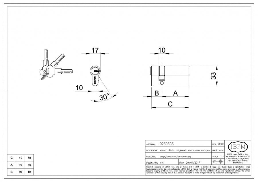 Mezzo Cilindro Chiave Prof. Europeo - disegno tecnico