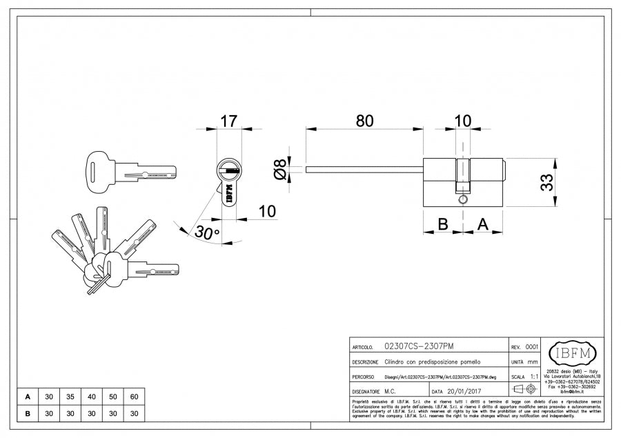 Cilindro Di Sicurezza con Predisp. Pomolo Con Chiave da Cantiere - disegno tecnico