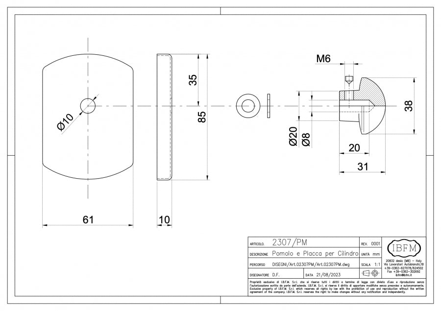 Pomolo e Placca Per Cilindro 2307/CS - disegno tecnico