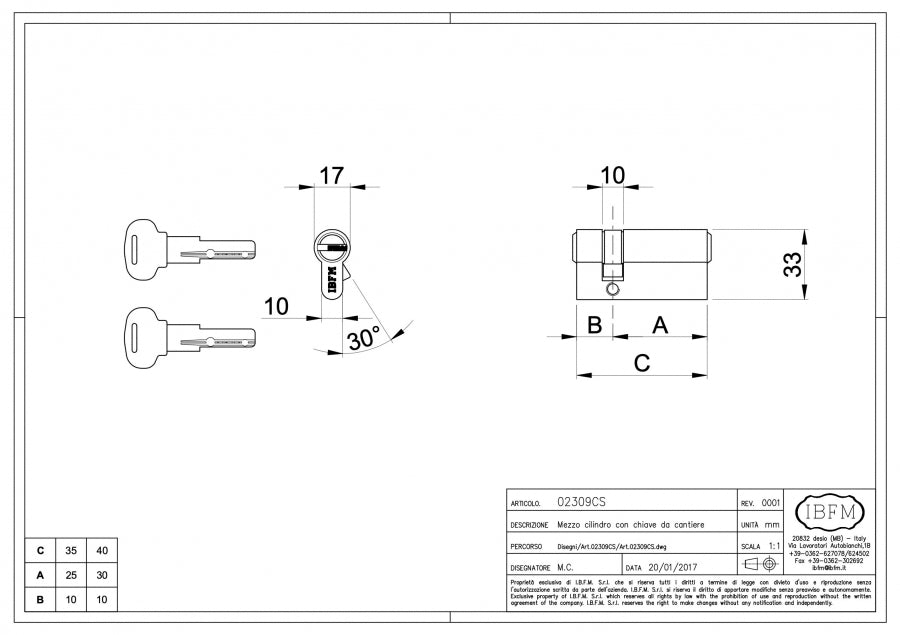 Mezzo Cilindro Prof. Europeo con Chiave da Cantiere - disegno tecnico