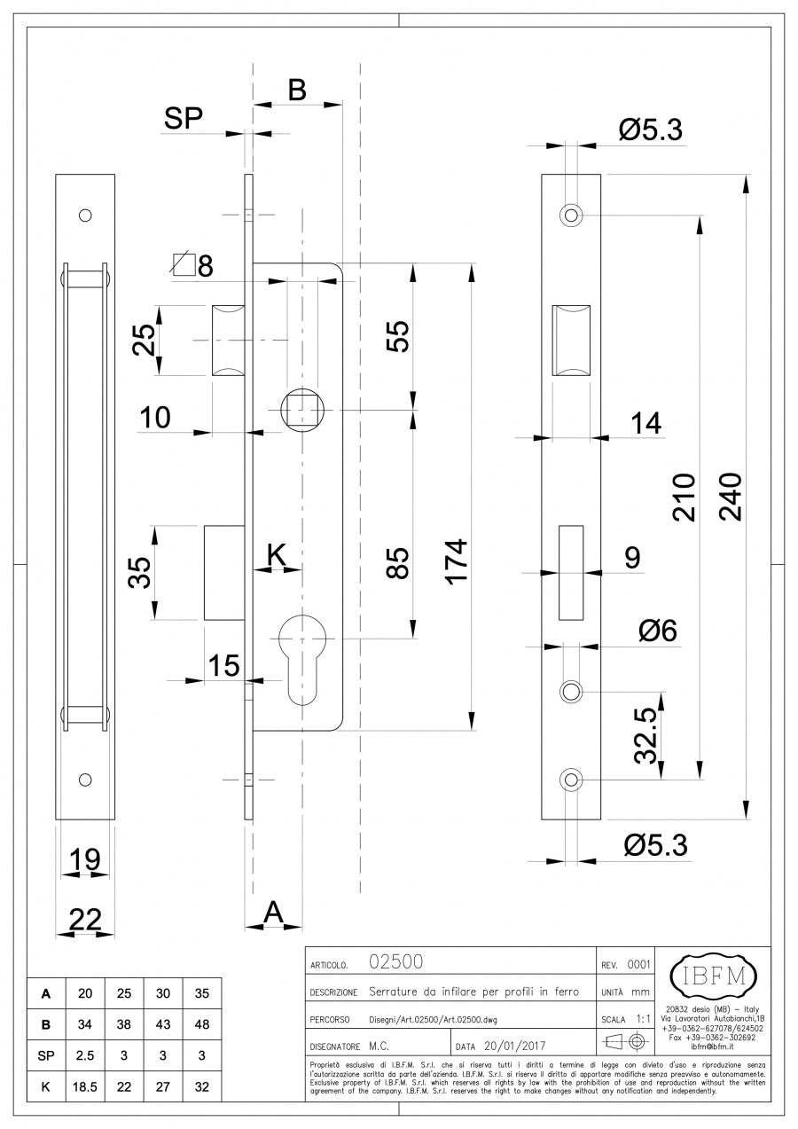 Serratura da Infilare Completa di Cilindro Ottone Lucido 27+27mm - disegno tecnico
