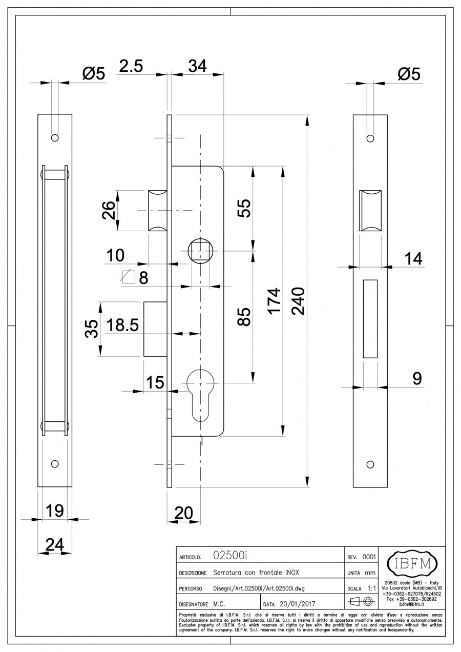 Serratura da Infilare Completa di Cilindro Ottone Lucido 27+27mm - disegno tecnico
