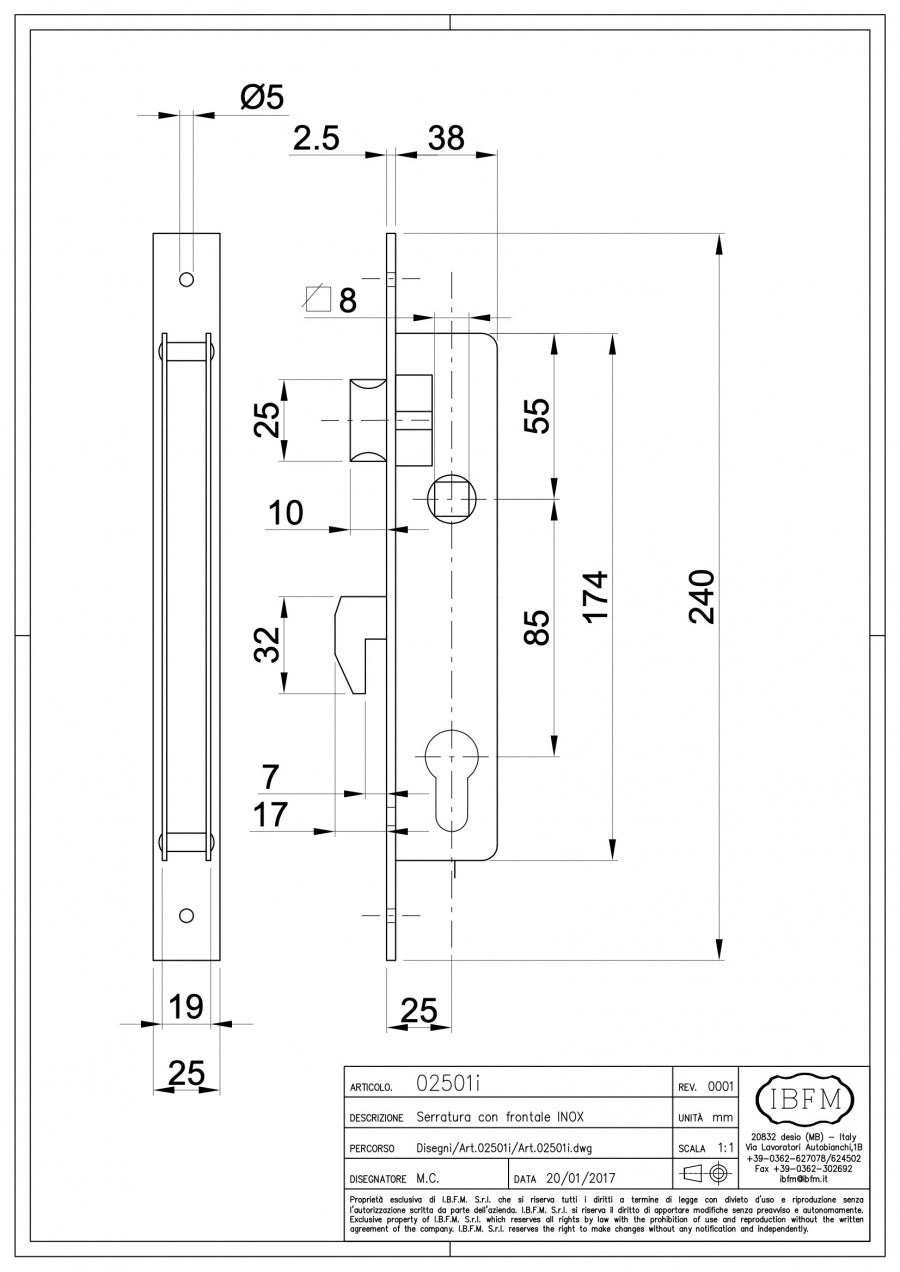 Serratura a Gancio da Infilare per Profilo Metallico Completa di Cilindro in Ottone Lucido 27+27mm - front. INOX - disegno tecnico