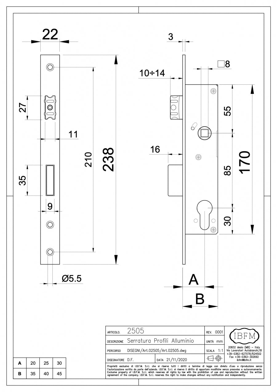 Serratura da Infilare per Profili in Ferro Completa di Cilindro in Ottone Lucido 27+27mm - disegno tecnico