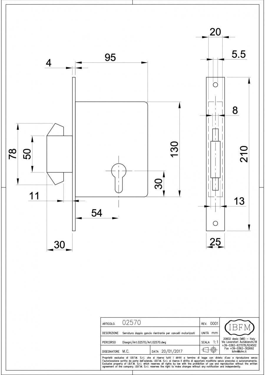 Serratura a Doppio Gancio per Cancelli Automatici Completa di Cilindro in Ottone Lucido 27+27mm - disegno tecnico