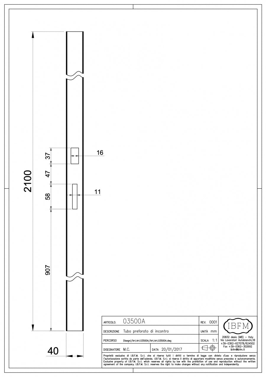 Tubo Preforato Incontro per Serrature Art. 2500 - disegno tecnico