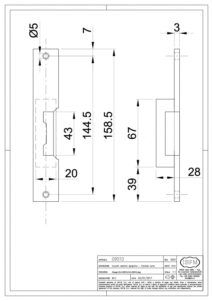 Incontro Elettrico Apriporta con Frontale Corto - disegno tecnico
